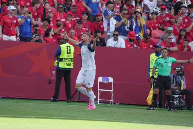 CAN, World Cup FIFA 2026, preliminary round, Canada vs Bosnia and Herzegovina 12 06 2026, Toronto Stadium, Toronto, CAN, World Cup FIFA 2026, preliminary round, Canada vs Bosnia and Herzegovina, pictured Jovo Lukic Bosnia celebrates the goal for 0 1 nordphotoxGmbHx xBratic nph00250