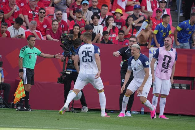 CAN, World Cup FIFA 2026, preliminary round, Canada vs Bosnia and Herzegovina 12 06 2026, Toronto Stadium, Toronto, CAN, World Cup FIFA 2026, preliminary round, Canada vs Bosnia and Herzegovina, pictured Jovo Lukic Bosnia celebrates the goal for 0 1 nordphotoxGmbHx xBratic nph00250
