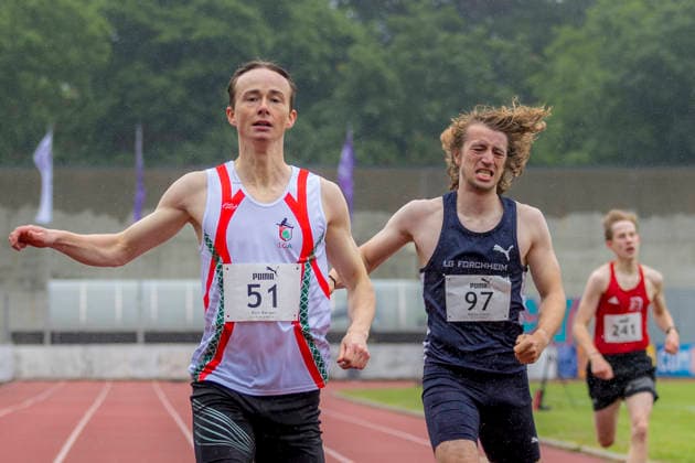 Ingolstadt, Germany 12 June 2026 Athletics MTV Meet IN 2026 In the picture 2 from left Ben Berger LG Augsburg runs through the finish line as winner MTV Stadion Bayern Copyright: xFotostandx xSchäferx