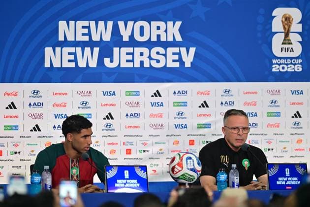 MetLife Stadium NEW JERSEY (NY), 12 06 2026 - SPORTS WORLD CUP: FOOTBALL - MOROCCO - Player Achraf Hakimi, accompanied by coach Mohamed Ouahbi, during a press conference, PK, Pressekonferenz held in the press room of MetLife Stadium, in New Jersey, on the afternoon of Friday, June 12. The team is preparing to face Brazil (BRA) in the first round of Group C of the 2026 FIFA World Cup, WM, Weltmeisterschaft, Fussball (Photo: Eduardo Carmim Photo Premium SPP) 30930 (Eduardo Carmim SPP)  Copyright: xEduardoxCarmimx xSPPx spp-en-EdCa-eduardo_carmim_photo_premium_490894