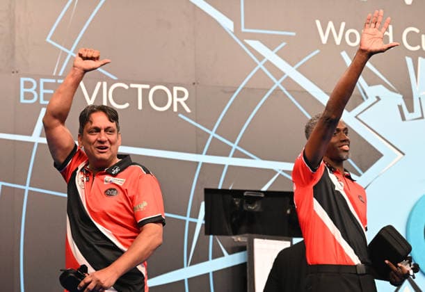 12 06 2026, xhbx, Dart World Cup of Darts 2026, v l James Walkin Trinidad and Tobago , Joshua Balfour Trinidad and Tobago cheering after the end of the match DFL DFB REGULATIONS PROHIBIT ANY USE OF PHOTOGRAPHS as IMAGE SEQUENCES and or QUASI VIDEO Frankfurt