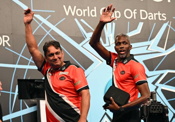 12 06 2026, xhbx, Dart World Cup of Darts 2026, v l James Walkin Trinidad and Tobago , Joshua Balfour Trinidad and Tobago cheering after the end of the match DFL DFB REGULATIONS PROHIBIT ANY USE OF PHOTOGRAPHS as IMAGE SEQUENCES and or QUASI VIDEO Frankfurt