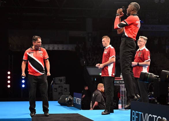 12 06 2026, xhbx, Dart World Cup of Darts 2026, v l James Walkin Trinidad and Tobago , Joshua Balfour Trinidad and Tobago cheering after the end of the match DFL DFB REGULATIONS PROHIBIT ANY USE OF PHOTOGRAPHS as IMAGE SEQUENCES and or QUASI VIDEO Frankfurt