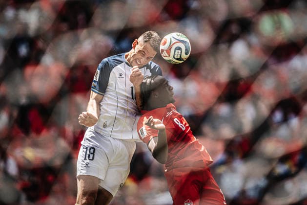 Soccer Men FIFA World Cup 2026 Group B Canada vs Bosnia and Herzegovina 12 06 2026 Header v l Nikola Katic 18, Bosnia and Herzegovina vs Ismael Kone 8, Canada Toronto Toronto Stadium Ontario Canada