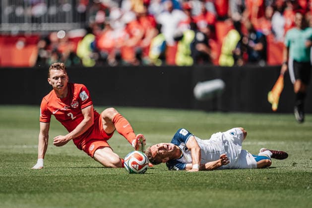 Soccer Men FIFA World Cup 2026 Group B Canada v Bosnia and Herzegovina 12 06 2026 v l Alistair Johnston 2, Canada foul Amar Memic 15, Bosnia and Herzegovina one-on-one Toronto Toronto Stadium Ontario Canada
