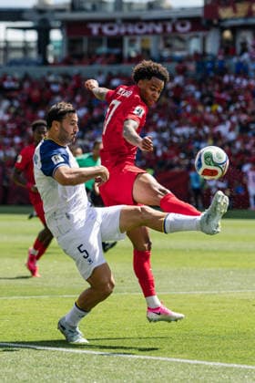 Tajon Buchanan of Canada contests with Sead Kolaöinac of Bosnia and Herzegovina during the FIFA World Cup, WM, Weltmeisterschaft, Fussball game between Canada and Bosnia and Herzegovina at Toronto Stadium on June 12, 2026 in Toronto, Ontario, Canada  Copyright: xCurtisxWongx xSPPx Sportspressphoto_SPR165322