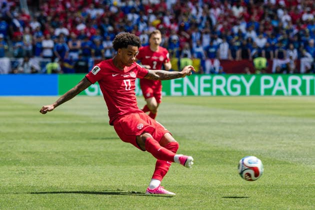 Tajon Buchanan of Canada passes the ball during the FIFA World Cup, WM, Weltmeisterschaft, Fussball game between Canada and Bosnia and Herzegovina at Toronto Stadium on June 12, 2026 in Toronto, Ontario, Canada  Copyright: xCurtisxWongx xSPPx Sportspressphoto_SPR165326