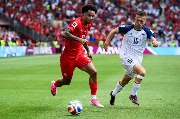 Canada and Bosnia v Herzegovina - FIFA World Cup, WM, Weltmeisterschaft, Fussball 2026 Tajon Buchanan of Canada is challemnged by Amar Memic of Bosnia and Herzegovina during the FIFA World Cup 2026 Group B match between Canada and Bosnia and Herzegovina. Toronto Canada Copyright: xNicolòxCampox
