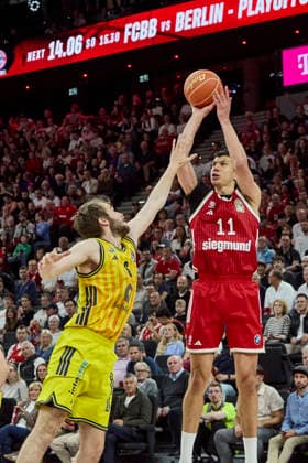 German Basketball Bundesliga BBL , FC Bayern Munich Basketball vs ALBA Berlin, Munich FC Bayern Basketball, Berlin ALBA, 2026 06 12 in Munich SAP Garden LUCIC Vladimir FC Bayern Munich Basketball Small Forward SF Nr11 FCBB11 , DELOW Malte ALBA Berlin Small Forward SF Nr6 BER6 sportworld Munich SAP Garden Bayern Germany