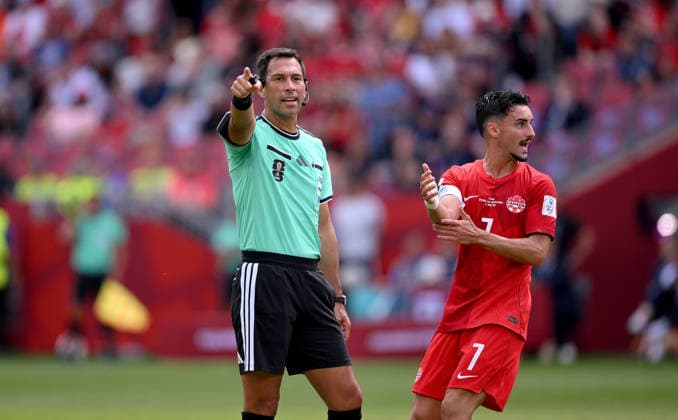 Football FIFA World Cup 2026 Preliminary Round Group B Canada Bosnia and Herzegovina 12 06 2026 Referee TELLO Facundo li, ARG with Stephen Eustaquio Canada Handball