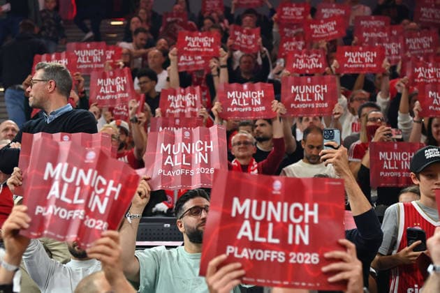 Fans with boards,Cardboard signs Munich all in Basketball BBL,Season 2025 2026 Play Off Final Game 1, FC Bayern Muenchen Alba Berlin on 12 06 2026 S A P G A R D EN