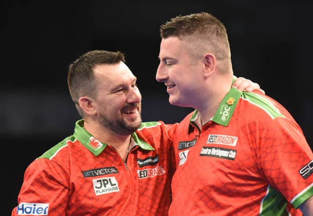 12 06 2026, xhbx, Dart World Cup of Darts 2026, v l Jonny Clayton Wales , Nick Kenny Wales cheering after the end of the match DFL DFB REGULATIONS PROHIBIT ANY USE OF PHOTOGRAPHS as IMAGE SEQUENCES and or QUASI VIDEO Frankfurt