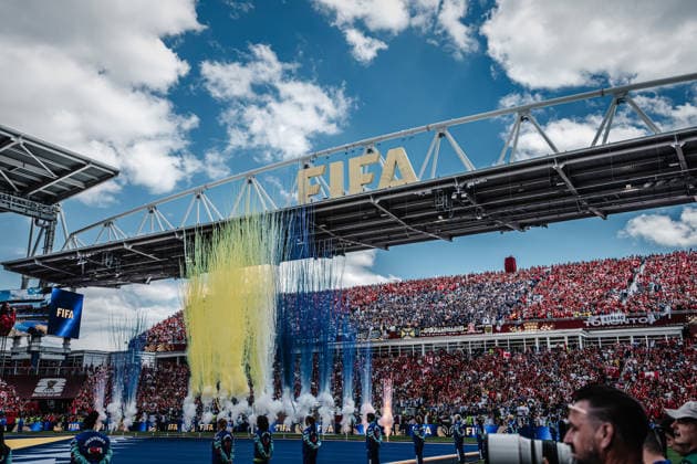Soccer Men FIFA World Cup 2026 Group B Canada vs Bosnia and Herzegovina 12 06 2026 Fireworks in colors of Bosnia and Herzegovina at the opening Toronto Toronto Stadium Ontario Canada