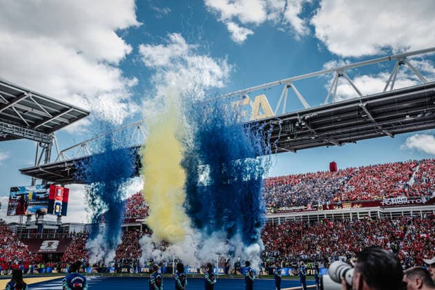 Soccer Men FIFA World Cup 2026 Group B Canada vs Bosnia and Herzegovina 12 06 2026 Fireworks in colors of Bosnia and Herzegovina at the opening Toronto Toronto Stadium Ontario Canada