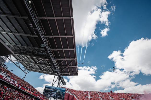 Soccer Men FIFA World Cup 2026 Group B Canada vs Bosnia Herzegovina 12 06 2026 Fighter planes fly over the stadium during the opening ceremony Toronto Toronto Stadium Ontario Canada