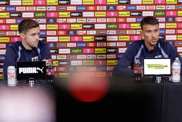 SOCCER - FIFA World Cup, WM, Weltmeisterschaft, Fussball 2026, preview SANTA BARBARA,CALIFORNIA,USA,12.JUN.26 - SOCCER - FIFA World Cup 2026, USA, Mexico, Canada, preview, OEFB, Oesterreichischer Fussball-Bund, press conference, PK, Pressekonferenz team AUT. Image shows Christoph Baumgartner and Dejan Ljubicic (AUT).  GEPAxpictures xArminxRauthner