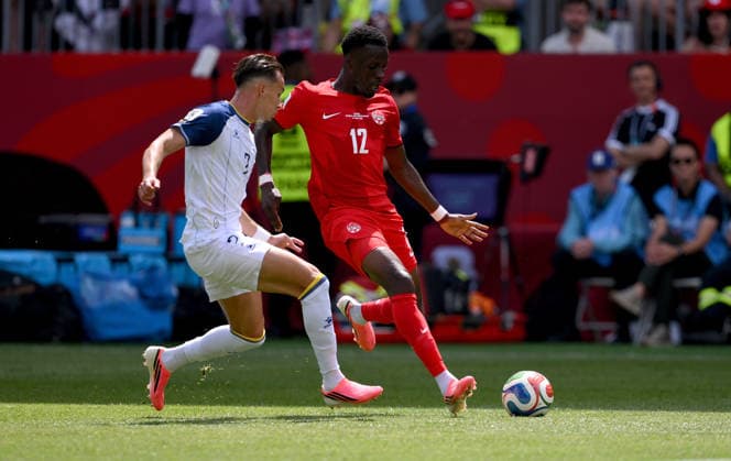 Football FIFA World Cup 2026 Preliminary Round Group B Canada Bosnia and Herzegovina 12 06 2026 Amar Dedic left, Bosnia and Herzegovina v Tani Oluwaseyi right, Canada