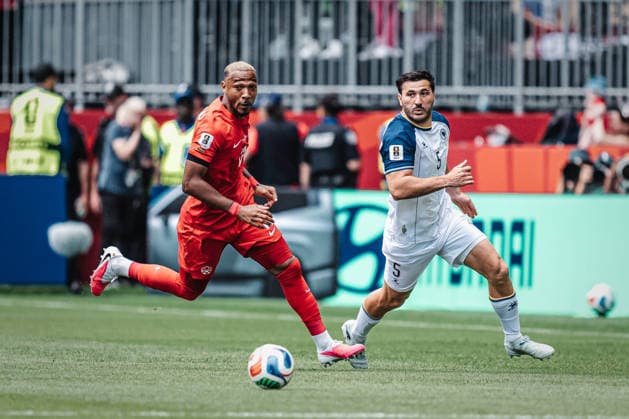 Soccer Men FIFA World Cup 2026 Group B Canada v Bosnia and Herzegovina 12 06 2026 v l Derek Cornelius 13, Canada v Sead Kolasinac 5, Bosnia and Herzegovina Toronto Toronto Stadium Ontario Canada