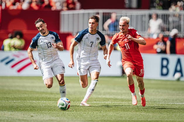 Soccer Men FIFA World Cup 2026 Group B Canada vs Bosnia and Herzegovina 12 06 2026 v l Ivan Basic 13, Bosnia and Herzegovina , Amar Dedic 7, Bosnia and Herzegovina and Liam Millar 11, Canada Toronto Toronto Stadium Ontario Canada