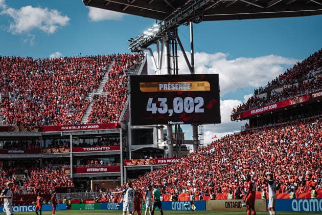 Soccer Men FIFA World Cup 2026 Group B Canada vs Bosnia and Herzegovina 12 06 2026 The scoreboard shows the crowd of 43002 Toronto Toronto Stadium Ontario Canada
