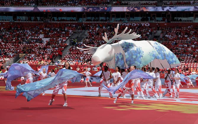 (260613) -- TORONTO, June 13, 2026 -- Artists perform before the group B match between Canada and Bosnia and Herzegovina at the 2026 FIFA World Cup, WM, Weltmeisterschaft, Fussball at Toronto Stadium in Toronto, Canada, June 12, 2026. (Photo by Xinhua) (SP)CANADA-TORONTO-FOOTBALL-FIFA WORLD CUP-GROUP B-CAN VS BIH ZouxZheng 