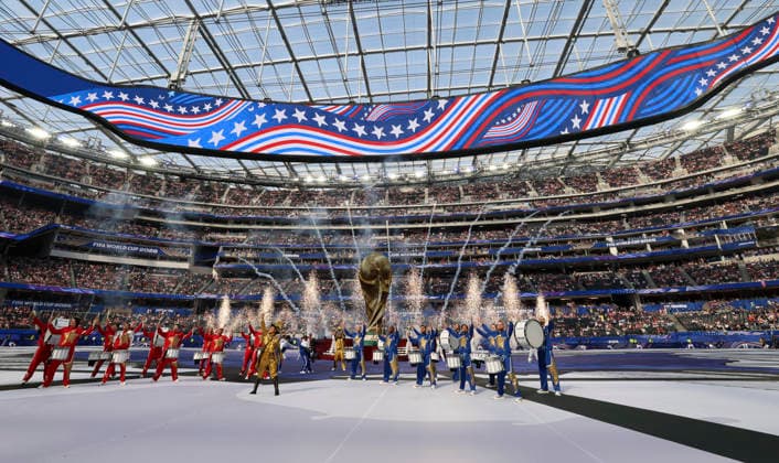 (260613) -- LOS ANGELES, June 13, 2026 -- Artists perform before the group D match between the United States and Paraguay at the 2026 FIFA World Cup, WM, Weltmeisterschaft, Fussball at Los Angeles Stadium in Los Angeles, the United States, June 12, 2026. ) (SP)U.S.-LOS ANGELES-FOOTBALL-FIFA WORLD CUP-GROUP D-USA VS PRY BaixXuefei 