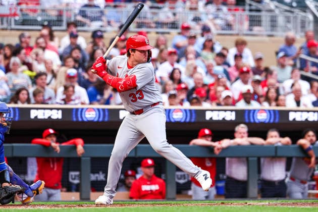 June 12th, 2026: St. Louis Cardinals third baseman Blaze Jordan (33) bats against the Minnesota Twins in the second inning of a MLB, Baseball Herren, USA Baseball game between the St. Louis Cardinals and the Minnesota Twins at Target Field in Minneapolis, Minnesota. CSM Minneapolis USA - ZUMAc04_ 20260612_zma_c04_093 Copyright: xStevenxGarciax