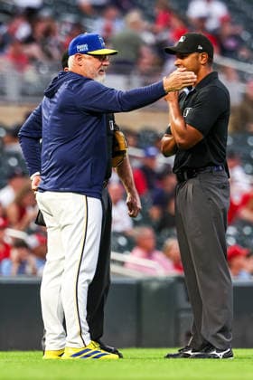 June 12th, 2026: Minnesota Twins manager Derek Shelton (8) talks with the umpires during the second inning of a MLB, Baseball Herren, USA Baseball game between the St. Louis Cardinals and the Minnesota Twins at Target Field in Minneapolis, Minnesota. CSM Minneapolis USA - ZUMAc04_ 20260612_zma_c04_102 Copyright: xStevenxGarciax