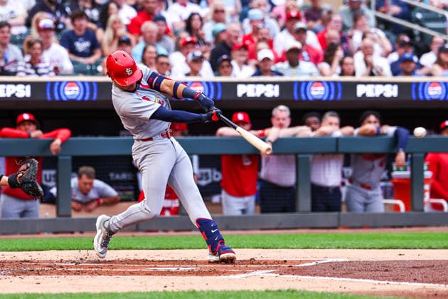 June 12th, 2026: St. Louis Cardinals shortstop Masyn Winn (0) hits a single in the second inning of a MLB, Baseball Herren, USA Baseball game between the St. Louis Cardinals and the Minnesota Twins at Target Field in Minneapolis, Minnesota. CSM Minneapolis USA - ZUMAc04_ 20260612_zma_c04_110 Copyright: xStevenxGarciax