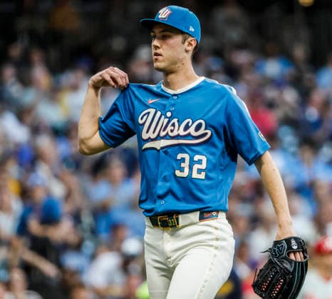 Milwaukee Brewers starting pitcher Jacob Misiorowski walks to the dugout after striking out Philadelphia Phillies center fielder Justin Crawford in the sixth inning of the MLB, Baseball Herren, USA game between the Philadelphia Phillies and the Milwaukee Brewers at American Family Field in Milwaukee, Wisconsin on Friday, June 12, 2026.  MIL20260612825 TANNENxMAURY