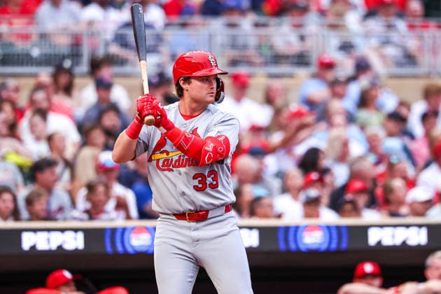 June 12th, 2026: St. Louis Cardinals third baseman Blaze Jordan (33) bats against the Minnesota Twins in the second inning of a MLB, Baseball Herren, USA Baseball game between the St. Louis Cardinals and the Minnesota Twins at Target Field in Minneapolis, Minnesota. CSM Minneapolis USA - ZUMAc04_ 20260612_zma_c04_115 Copyright: xStevenxGarciax