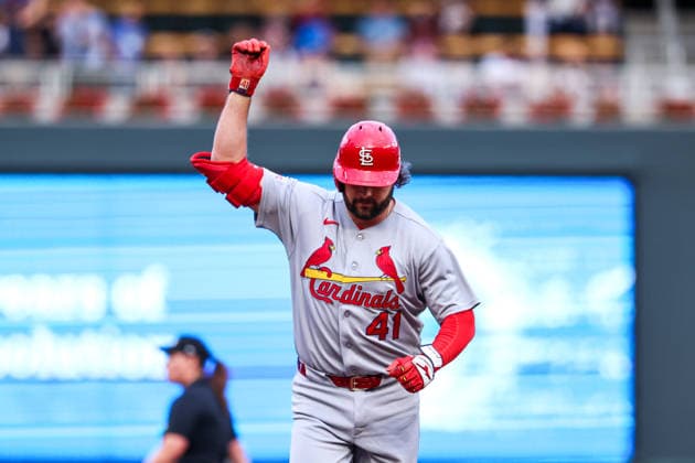 June 12th, 2026: St. Louis Cardinals first baseman Alec Burleson (41) celebrates a solo home run during the first inning of a MLB, Baseball Herren, USA Baseball game between the St. Louis Cardinals and the Minnesota Twins at Target Field in Minneapolis, Minnesota. CSM Minneapolis USA - ZUMAc04_ 20260612_zma_c04_126 Copyright: xStevenxGarciax