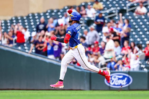June 12th, 2026: Minnesota Twins center fielder Byron Buxton (25) celebrates a solo home run in the first inning of a MLB, Baseball Herren, USA Baseball game between the St. Louis Cardinals and the Minnesota Twins at Target Field in Minneapolis, Minnesota. CSM Minneapolis USA - ZUMAc04_ 20260612_zma_c04_129 Copyright: xStevenxGarciax