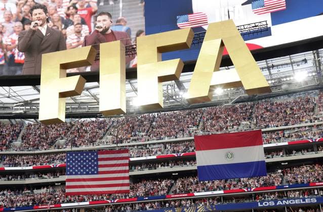 . - United States v Paraguay, FIFA World Cup, WM, Weltmeisterschaft, Fussball 2026, Group D, SoFi Stadium, Los Angeles Stadium, Los Angeles, USA, 12th June 2026. DC Photos Crystal Pix FIFA branding during the United States of America Opening ceremony at The 2026 FIFA World Cup in Los Angeles. - United States v Paraguay, FiFA World Cup 2026, Group D, SoFi Stadium, Los Angeles Stadium, Los Angeles, USA, 12th June 2026. DC Photos Crystal Pix Los Angeles Los Angeles Stadium United States Of America Copyright: xDCxPhotosx CP_United_States_Paraguay_120626_DC_31