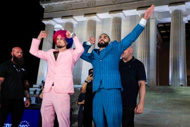 UFC Freedom 250 press conference, PK, Pressekonferenz UFC Bantamweight Sean O Malley (L) squares off with UFC Bantamweight Aiemann Zahabi (R) during the UFC Freedom 250 press conference at the Lincoln Memorial in Washington, DC, USA, 12 June 2026. The UFC Freedom 250 will take place on the South Lawn of the White House on 14 June 2026. WASHINGTON DISTRICT OF COLUMBIA United States  Copyright: xSHAWNxTHEWx xPOOLx