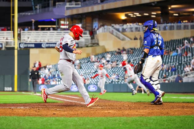 June 12th, 2026: St. Louis Cardinals second baseman JJ Wetherholt (26) scores on a RBI double by St. Louis Cardinals right fielder Jordan Walker (18)(not pictured) in the seventh inning of a MLB, Baseball Herren, USA Baseball game between the St. Louis Cardinals and the Minnesota Twins at Target Field in Minneapolis, Minnesota. CSM Minneapolis USA - ZUMAc04_ 20260612_zma_c04_242 Copyright: xStevenxGarciax