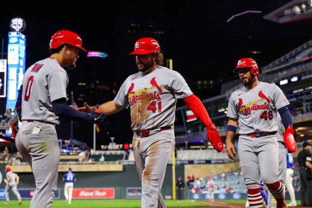 June 12th, 2026: St. Louis Cardinals first baseman Alec Burleson (41) celebrates scoring on a three-run RBI double by St. Louis Cardinals right fielder Jordan Walker (18)(not pictured) in the seventh inning of a MLB, Baseball Herren, USA Baseball game between the St. Louis Cardinals and the Minnesota Twins at Target Field in Minneapolis, Minnesota. CSM Minneapolis USA - ZUMAc04_ 20260612_zma_c04_248 Copyright: xStevenxGarciax
