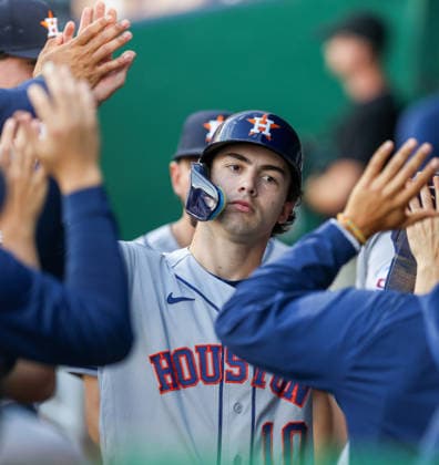 JUNE 12, 2026: Houston Astros left fielder Joey Loperfido (10) celebrates in the dugout in the 1st inning against the Kansas City Royals at Kauffman Stadium in Kansas City, MO. CSM Kansas City United States - ZUMAc04_ 20260613_zma_c04_010 Copyright: xRomanxPunox