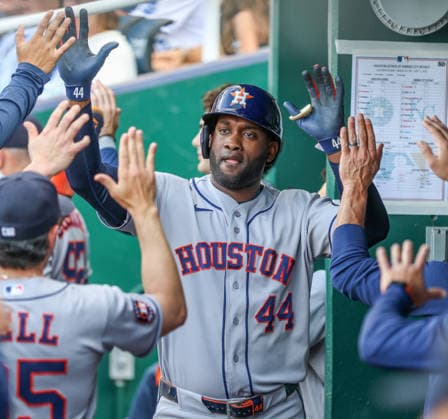 JUNE 12, 2026: Houston Astros designated hitter Yordan Alvarez (44) celebrates in the dugout after hitting a home run in the 1st inning against the Kansas City Royals at Kauffman Stadium in Kansas City, MO. CSM Kansas City United States - ZUMAc04_ 20260613_zma_c04_020 Copyright: xRomanxPunox