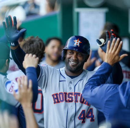 JUNE 12, 2026: Houston Astros designated hitter Yordan Alvarez (44) celebrates in the dugout after hitting a grand slam in the 1st inning against the Kansas City Royals at Kauffman Stadium in Kansas City, MO. CSM Kansas City United States - ZUMAc04_ 20260613_zma_c04_025 Copyright: xRomanxPunox