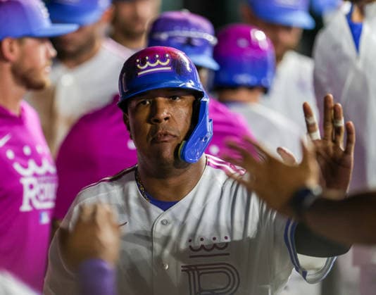 JUNE 12, 2026: Kansas City Royals catcher Salvador Perez (13) celebrates in the dugout in the 8th inning against the Houston Astros at Kauffman Stadium in Kansas City, MO. CSM Kansas City United States - ZUMAc04_ 20260613_zma_c04_028 Copyright: xRomanxPunox