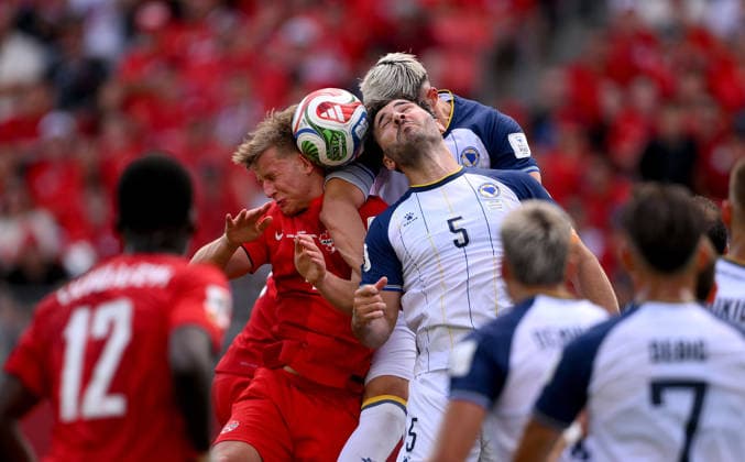 Soccer FIFA World Cup 2026 Preliminary Round Group B in Toronto Canada Bosnia and Herzegovina 12 06 2026 DE FOUGEROLLES Luc left, Canada vs Sead Kolasinac right,Bosnia and Herzegovina