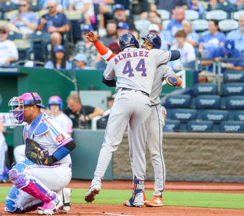 JUNE 12, 2026: Houston Astros designated hitter Yordan Alvarez (44) and Houston Astros shortstop Jeremy PeoÂ±a (3) celebrates at home plate against the Kansas City Royals at Kauffman Stadium in Kansas City, MO. CSM Kansas City United States - ZUMAc04_ 20260613_zma_c04_038 Copyright: xRomanxPunox