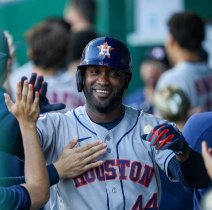 JUNE 12, 2026: Houston Astros designated hitter Yordan Alvarez (44) celebrates in the dugout after hitting a grand slam in the 1st inning against the Kansas City Royals at Kauffman Stadium in Kansas City, MO. CSM Kansas City United States - ZUMAc04_ 20260613_zma_c04_040 Copyright: xRomanxPunox