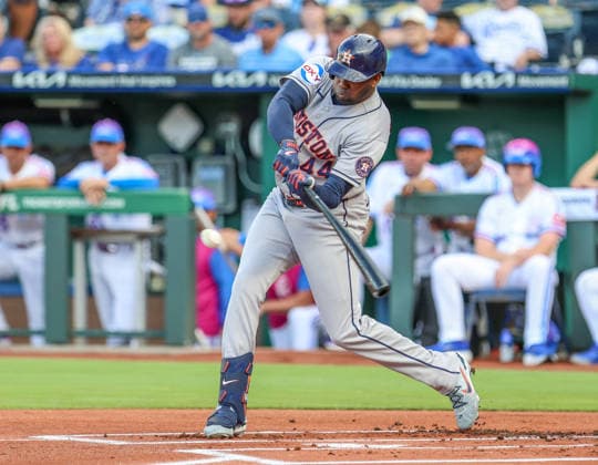 JUNE 12, 2026: Houston Astros designated hitter Yordan Alvarez (44) hits a home run in the 1st inning against the Kansas City Royals at Kauffman Stadium in Kansas City, MO. CSM Kansas City United States - ZUMAc04_ 20260613_zma_c04_049 Copyright: xRomanxPunox
