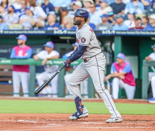 JUNE 12, 2026: Houston Astros designated hitter Yordan Alvarez (44) hits a grand slam in the 1st inning against the Kansas City Royals at Kauffman Stadium in Kansas City, MO. CSM Kansas City United States - ZUMAc04_ 20260613_zma_c04_063 Copyright: xRomanxPunox