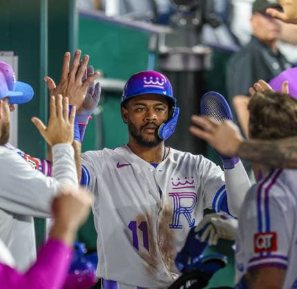 JUNE 12, 2026: Kansas City Royals third baseman Maikel Garcia (11) celebrates in the dugout in the 8th inning against the Houston Astros at Kauffman Stadium in Kansas City, MO. CSM Kansas City United States - ZUMAc04_ 20260613_zma_c04_082 Copyright: xRomanxPunox
