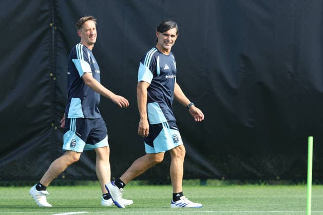 Argentina™s coach assistants Fabian Ayala R and Matias Mana take part in a training session during the 2026 FIFA World Cup football tournament at Sporting KC Training Centre in Kansas City on June 12, 2026 ¨ Photo by Alejandro PAGNI PHOTOxPHOTO KANSAS CITY UNITED STATES Copyright: xALEJANDROxPAGNIx