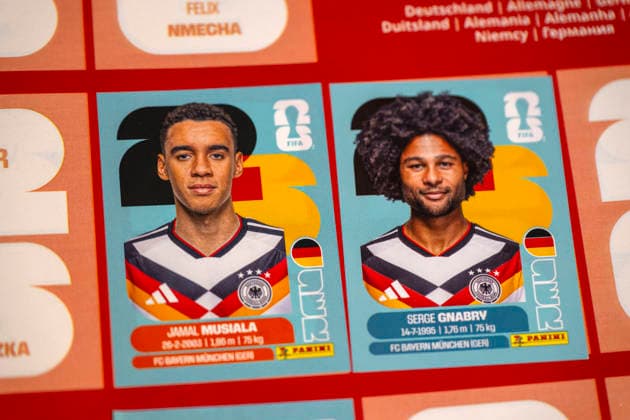 13 06 2026, Mindelheim Bavaria , the popular collectors booklet and the corresponding collectors pictures are also available again for the 2026 World Cup in the USA Here are the stickers of the German players, Jamal Musiala Germany , Serge Gnabry