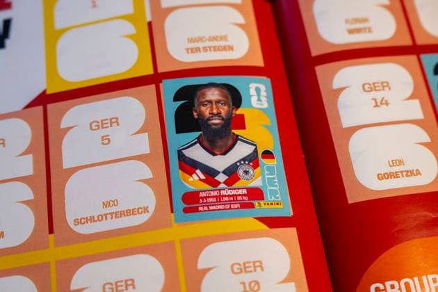 13 06 2026, Mindelheim Bavaria , the popular collectors booklet and the corresponding collectors pictures are also available again for the 2026 FIFA World Cup in the USA Here are the stickers of the German players, Antonio Rüdiger Germany